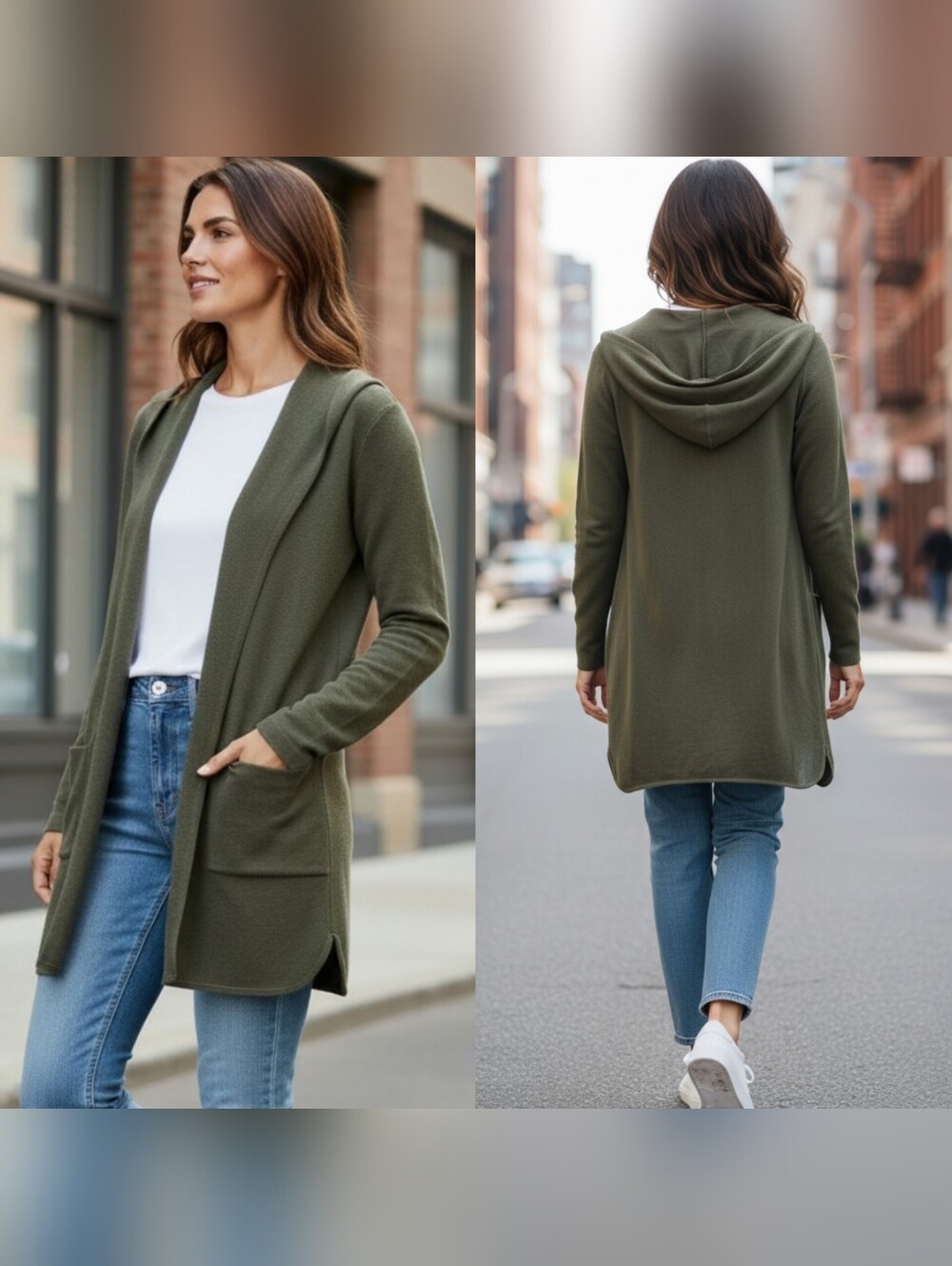 Tahari XS knit hooded open cardigan duster sweater green pockets classic relaxed